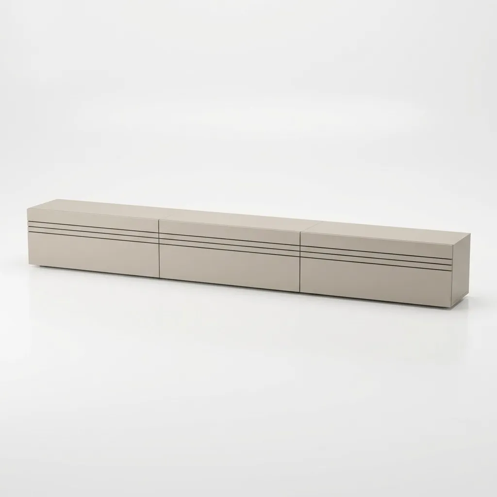 Fotorealistisches KI-Produktbild: modulares Sideboard in Taupe auf weißem Studio-Hintergrund
