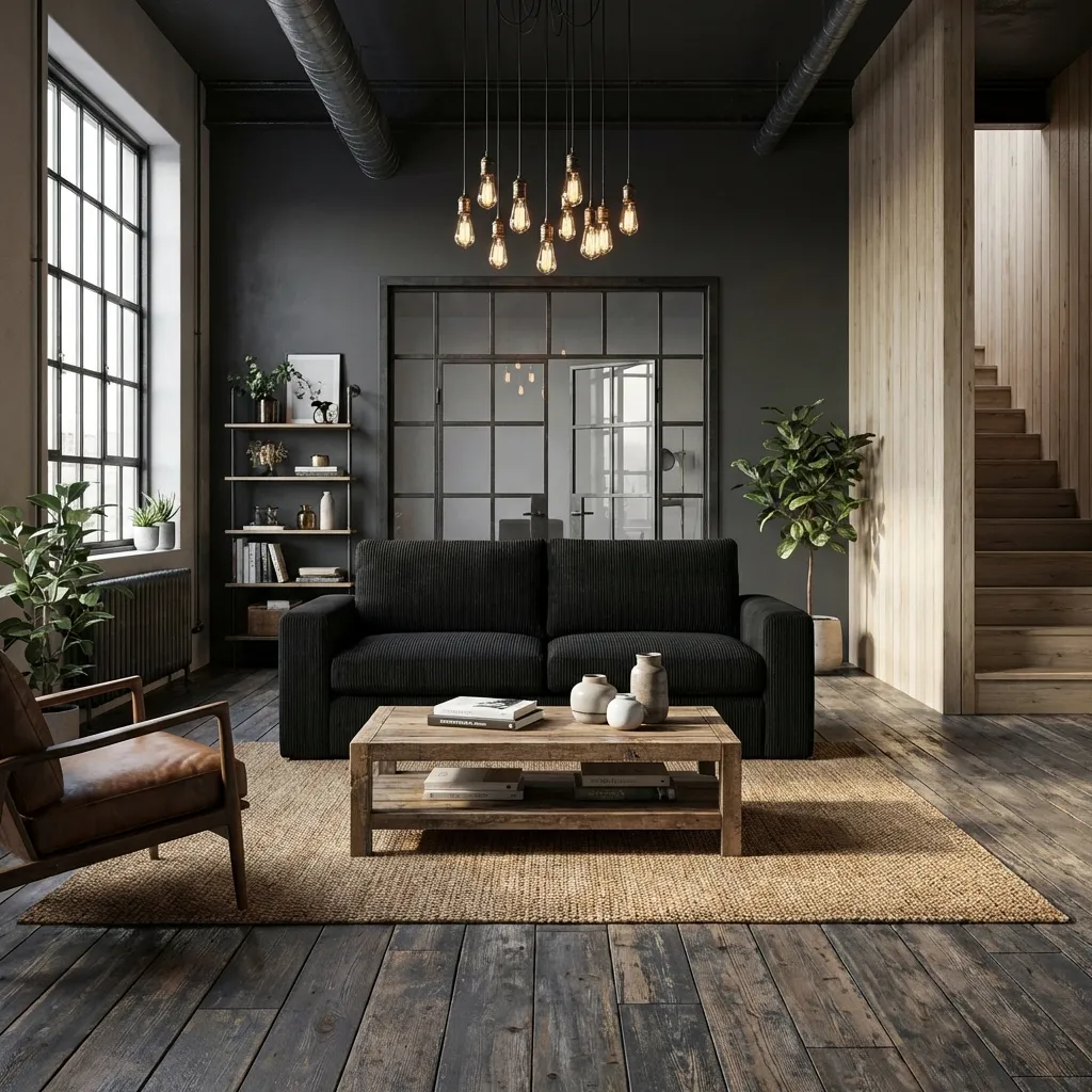 KI-generiertes Lifestyle-Bild: Dunkelgraues Cord-Sofa vor Holzcouchtisch in industriellem Loft mit Vintage-Pendelleuchten